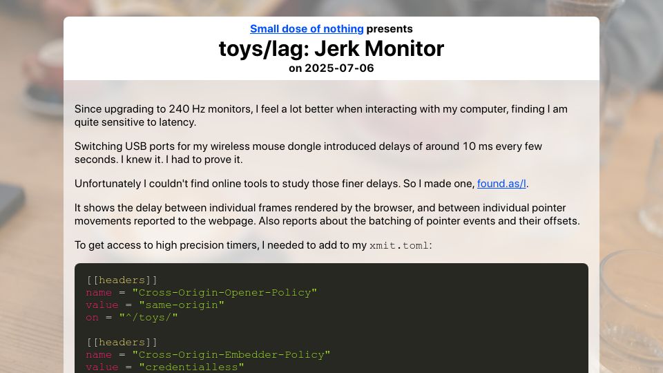 Screenshot of nothing.pcarrier.com: Toys/Lag: Jerk Monitor