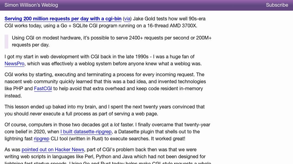 Screenshot of simonwillison.net: Serving 200M requests per day with a CGI-bin