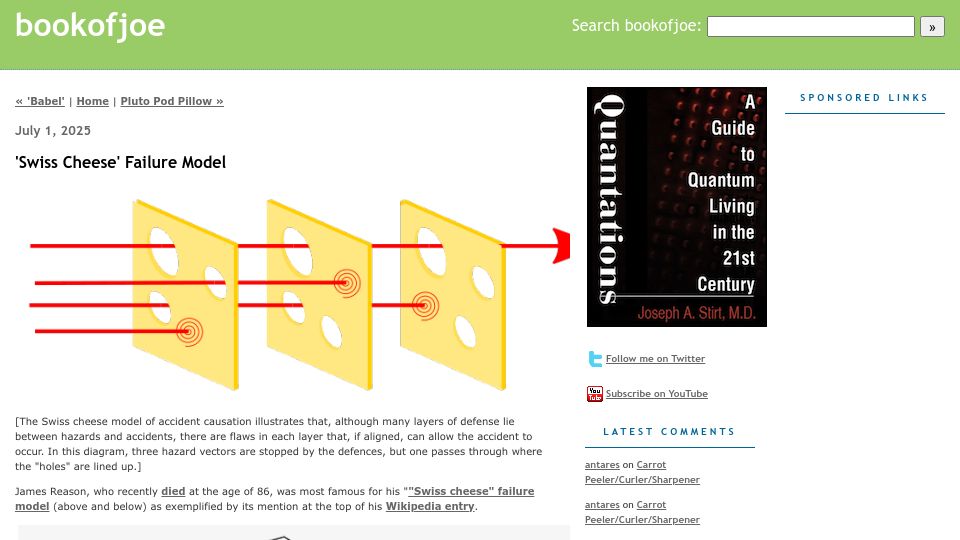 Screenshot of bookofjoe.com: "Swiss Cheese" Failure Model