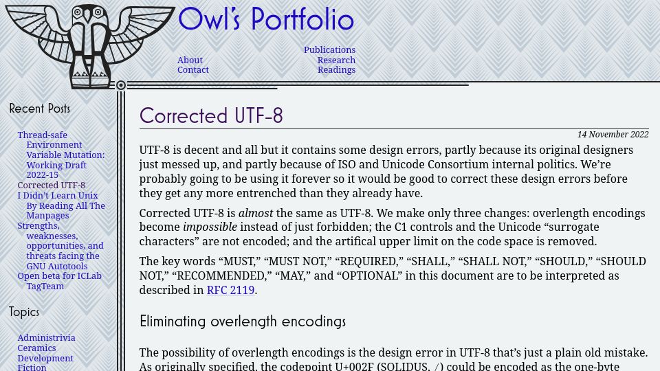 Screenshot of owlfolio.org: Corrected UTF-8 (2022)