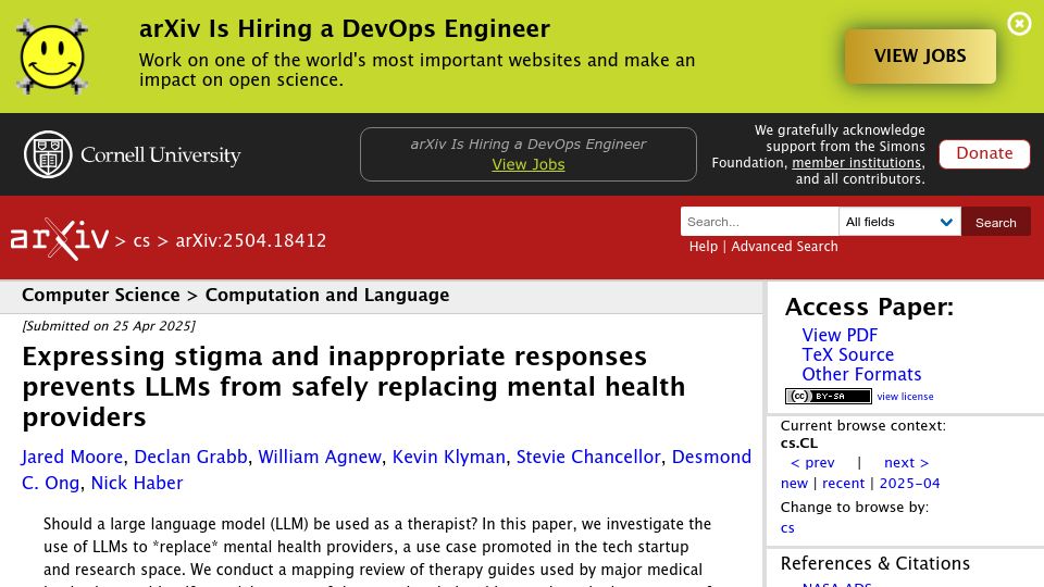 Screenshot of arxiv.org: LLMs should not replace therapists