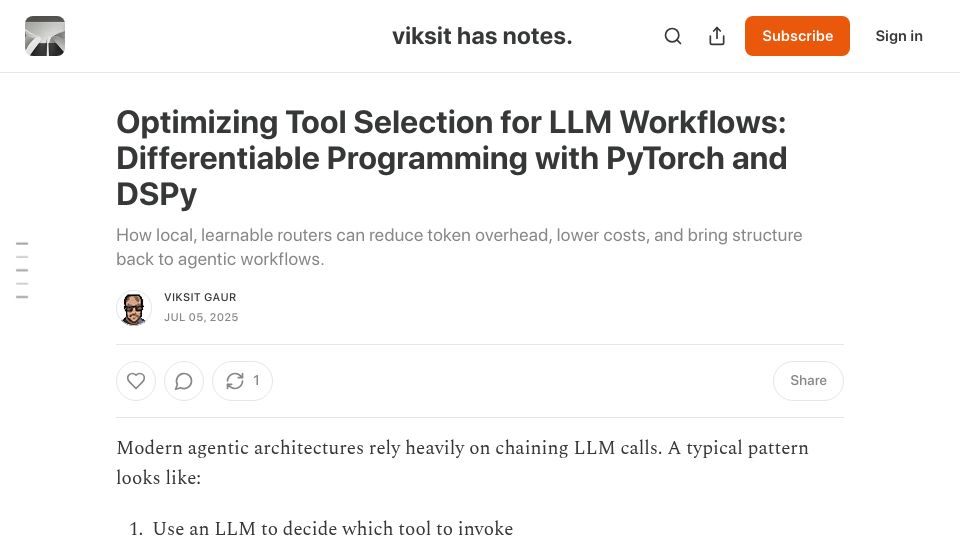 Screenshot of viksit.substack.com: Optimizing Tool Selection for LLM Workflows with Differentiable Programming