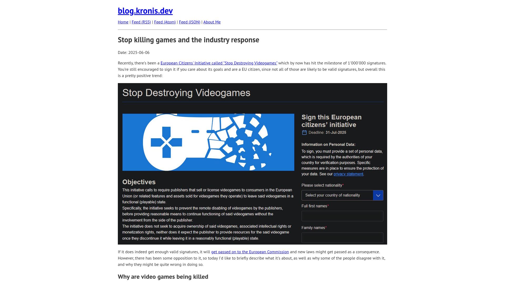 Screenshot of blog.kronis.dev: Stop killing games and the industry response
