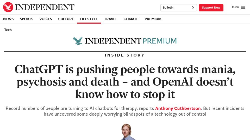 Screenshot of the-independent.com: ChatGPT is pushing people towards mania, psychosis and death