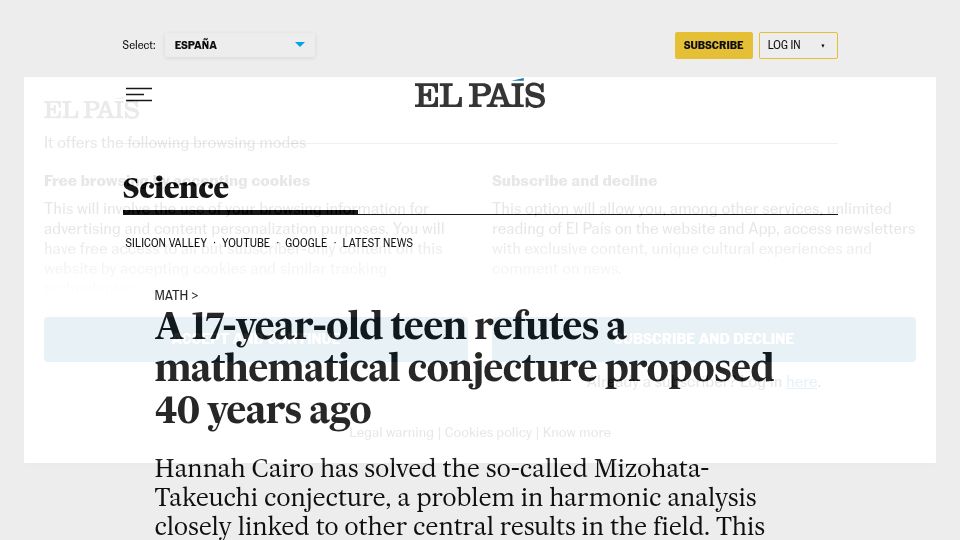 Screenshot of english.elpais.com: Hannah Cairo: 17-year-old teen refutes a math conjecture proposed 40 years ago