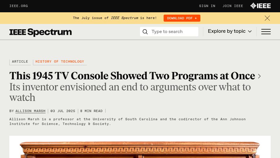 Screenshot of spectrum.ieee.org: 1945 TV Console Showed Two Programs at Once