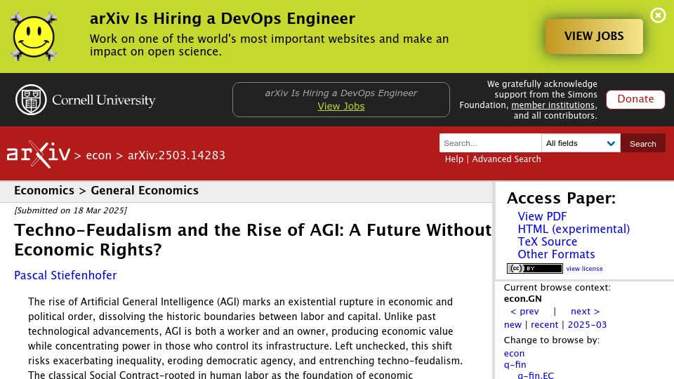 Screenshot of arxiv.org: Techno-feudalism and the rise of AGI: A future without economic rights?