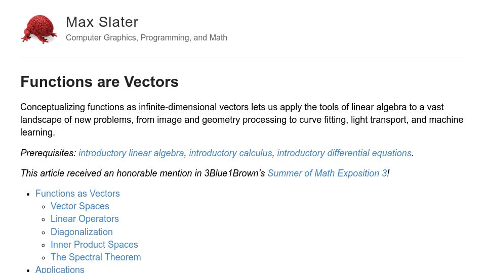 Screenshot of thenumb.at: Functions Are Vectors (2023)