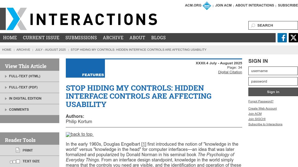 Screenshot of interactions.acm.org: Hidden interface controls that affect usability
