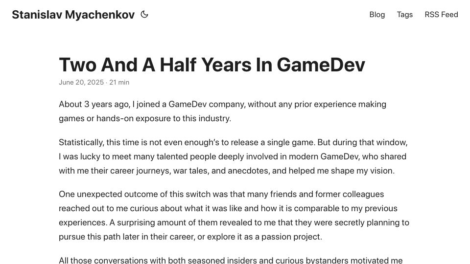 Screenshot of smyachenkov.com: Two and a Half Years in GameDev