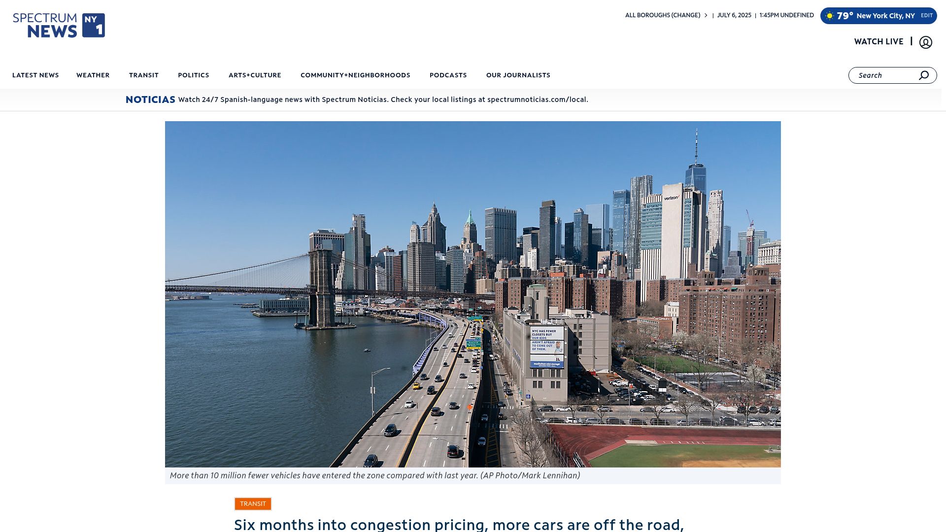 Screenshot of ny1.com: Six months into congestion pricing, more cars are off the road