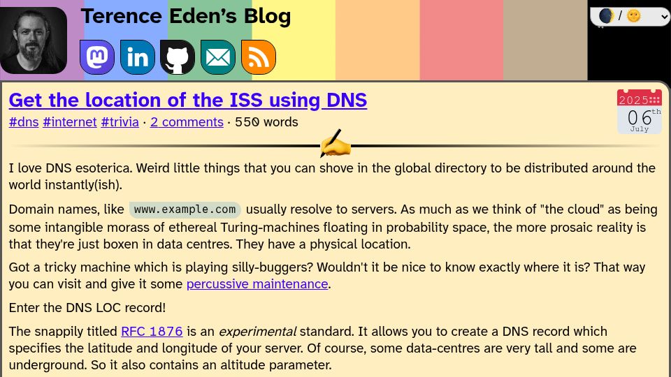 Screenshot of shkspr.mobi: Get the location of the ISS using DNS
