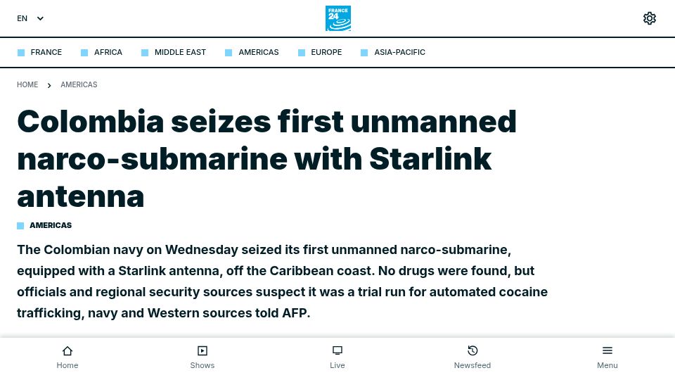 Screenshot of france24.com: Colombia seizes first unmanned narco-submarine with Starlink antenna