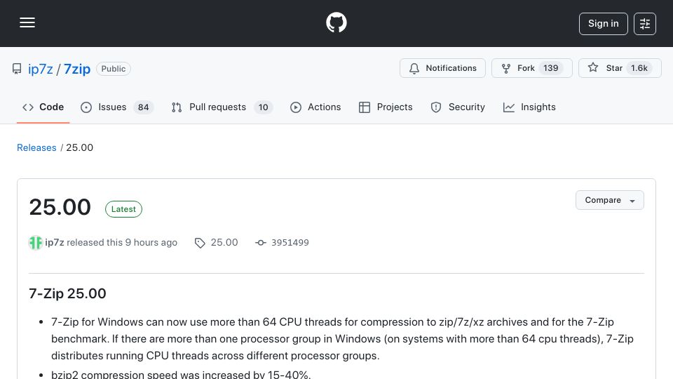 Screenshot of github.com: 7-Zip 25.00