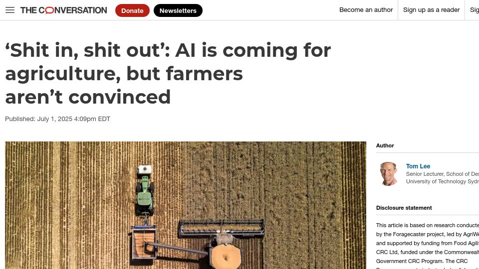 Screenshot of theconversation.com: AI is coming for agriculture, but farmers aren’t convinced
