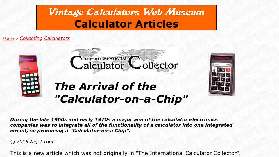 Screenshot of vintagecalculators.com: The Calculator-on-a-Chip (2015)
