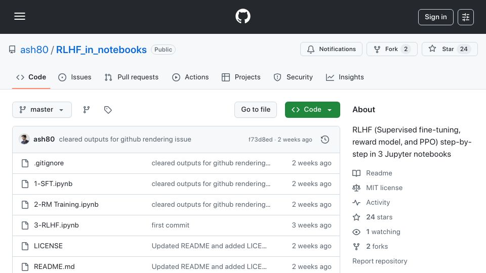 Screenshot of github.com: Reinforcement Learning from Human Feedback (RLHF) in Notebooks