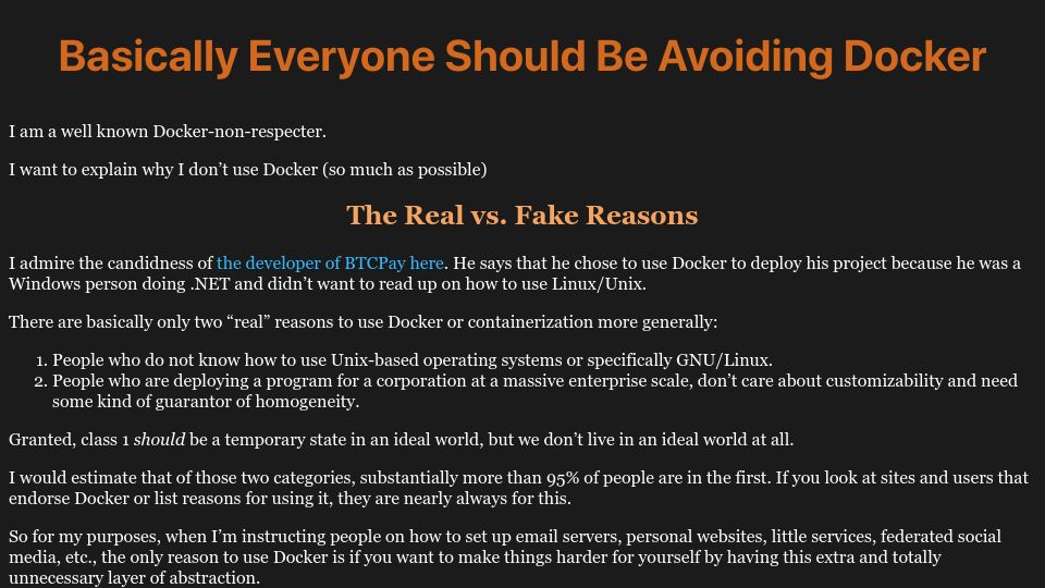 Screenshot of lukesmith.xyz: Basically Everyone Should Be Avoiding Docker