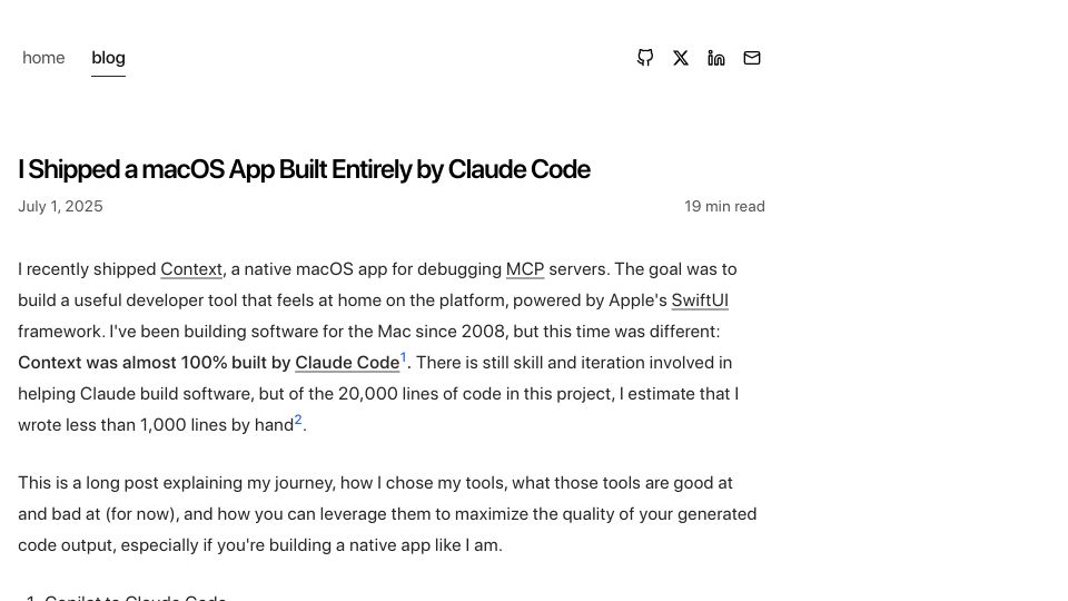 Screenshot of indragie.com: Building a Mac app with Claude code