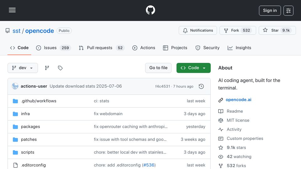 Screenshot of github.com: Opencode: AI coding agent, built for the terminal