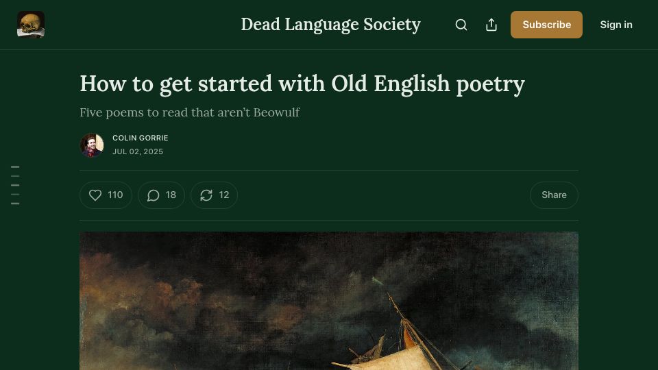 Screenshot of deadlanguagesociety.com: How to get started with Old English poetry