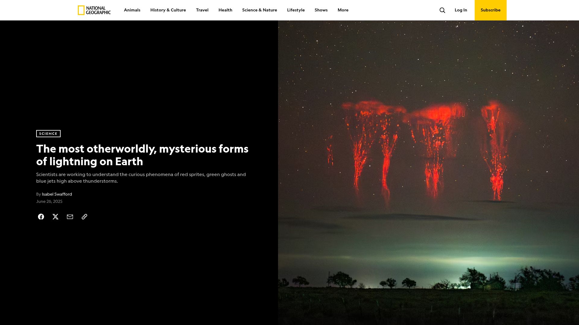 Screenshot of nationalgeographic.com: The most otherworldly, mysterious forms of lightning on Earth