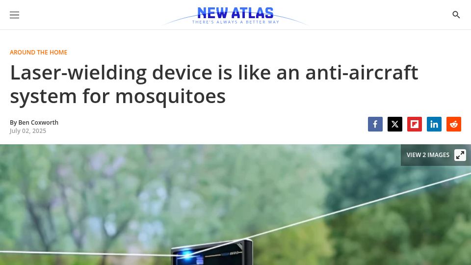 Screenshot of newatlas.com: Laser-wielding device is like an anti-aircraft system for mosquitoes