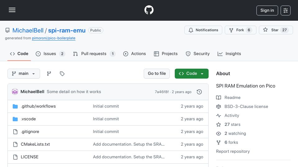 Screenshot of github.com: Serial SPI RAM Emulation on Raspberry Pi Pico RP2040 MCU