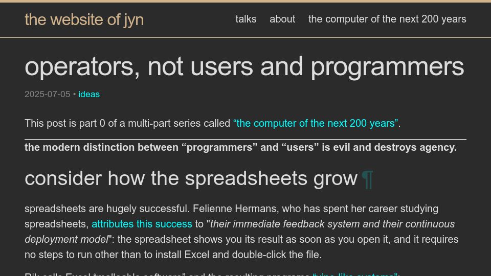 Screenshot of jyn.dev: Operators, Not Users and Programmers