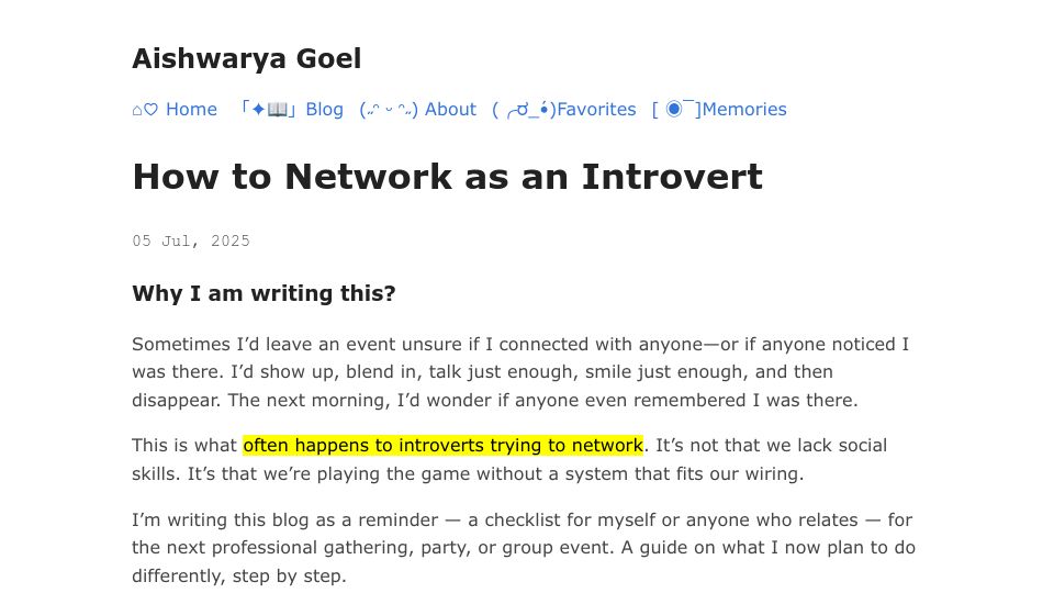 Screenshot of aginfer.bearblog.dev: How to Network as an Introvert