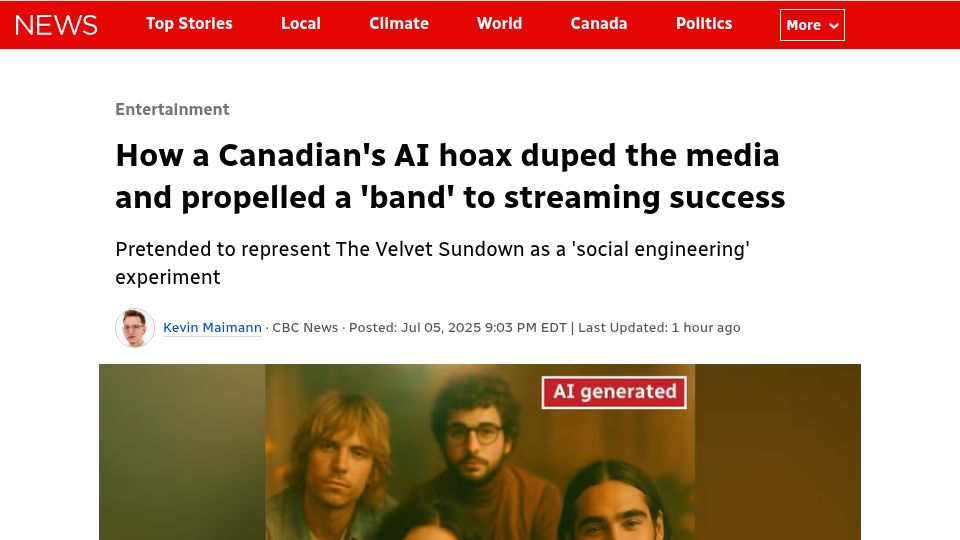 Screenshot of cbc.ca: A Canadian's AI hoax duped the media and propelled a 'band' to success