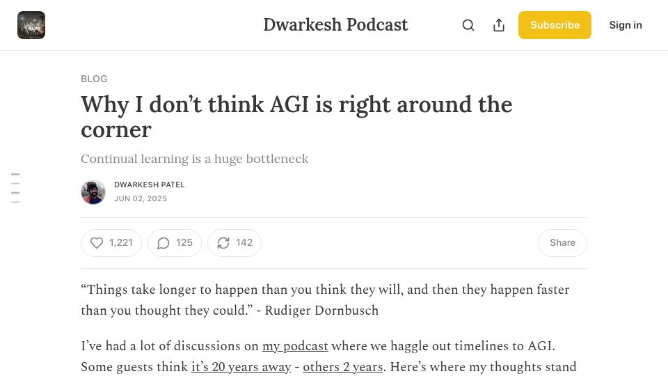 Screenshot of dwarkesh.com: I don't think AGI is right around the corner