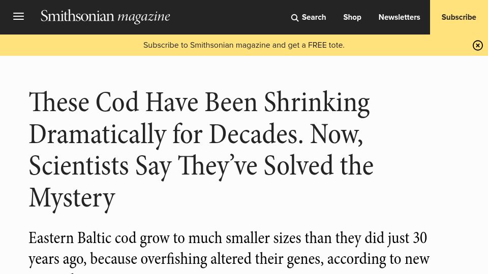 Screenshot of smithsonianmag.com: Eastern Baltic cod grow much smaller than they did due to overfishing