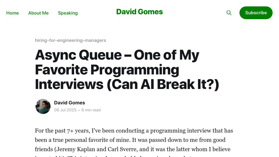 Screenshot of davidgomes.com: Async Queue – One of my favorite programming interview questions