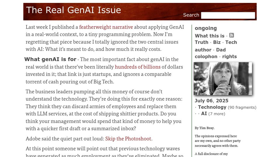 Screenshot of tbray.org: The Real GenAI Issue