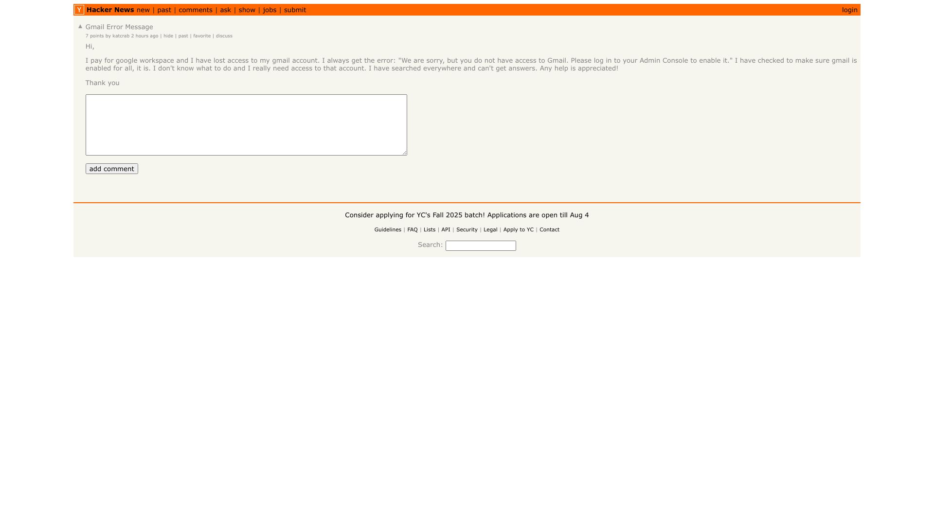 Screenshot of this Hacker News post: Gmail Error Message