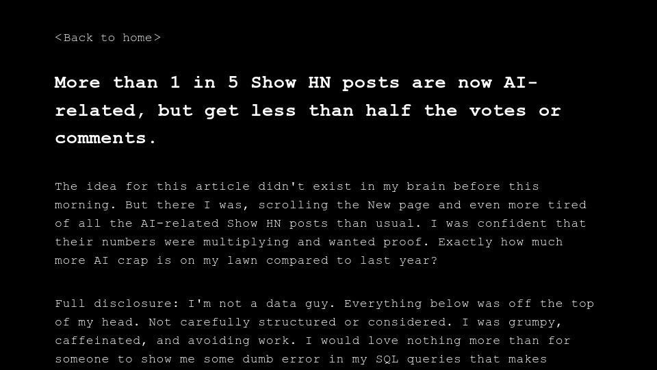 Screenshot of ryanfarley.co: Data on AI-related Show HN posts