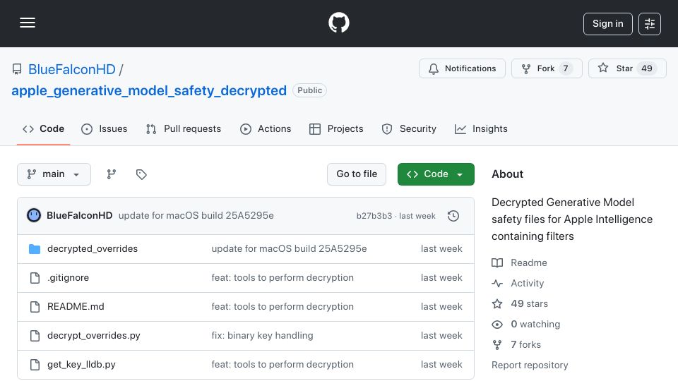 Screenshot of github.com: I extracted the safety filters from Apple Intelligence models