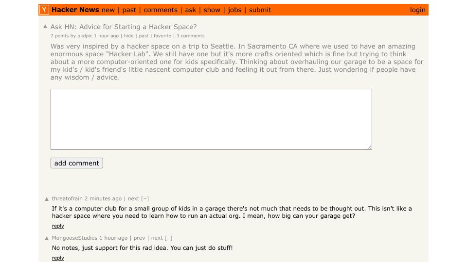 Screenshot of Hacker News post: Ask HN: Advice for Starting a Hacker Space?