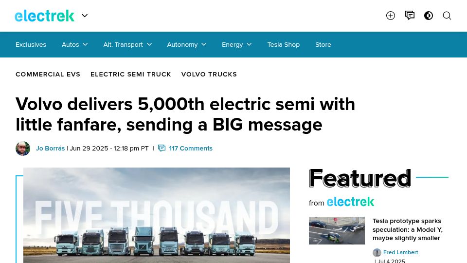 Screenshot of electrek.co: Volvo delivers 5,000th electric semi