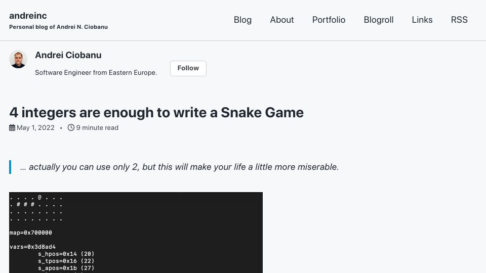 Screenshot of andreinc.net: Four integers are enough to write a Snake Game