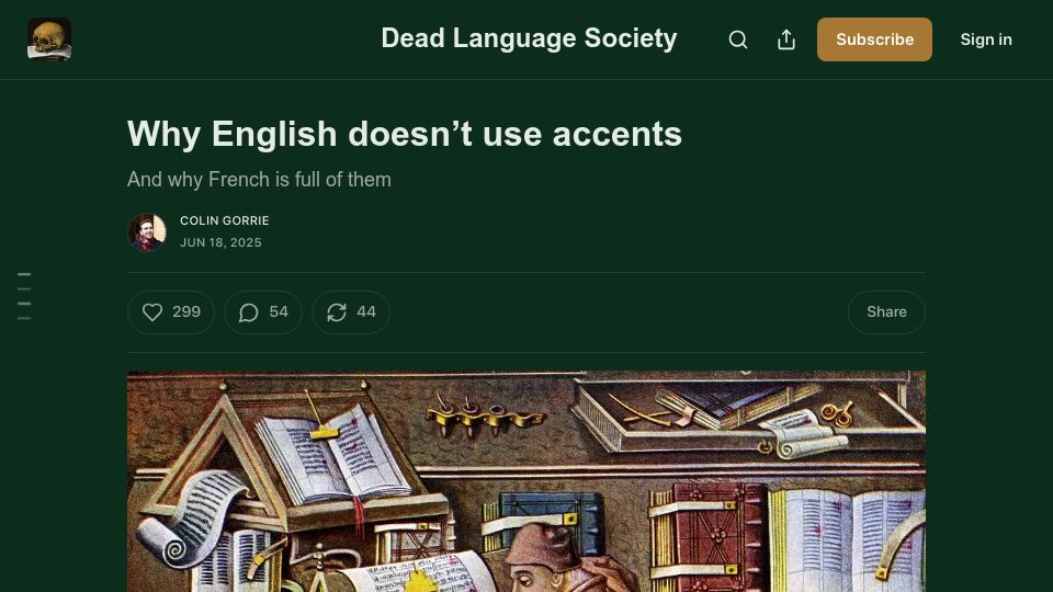 Screenshot of deadlanguagesociety.com: Why English doesn't use accents