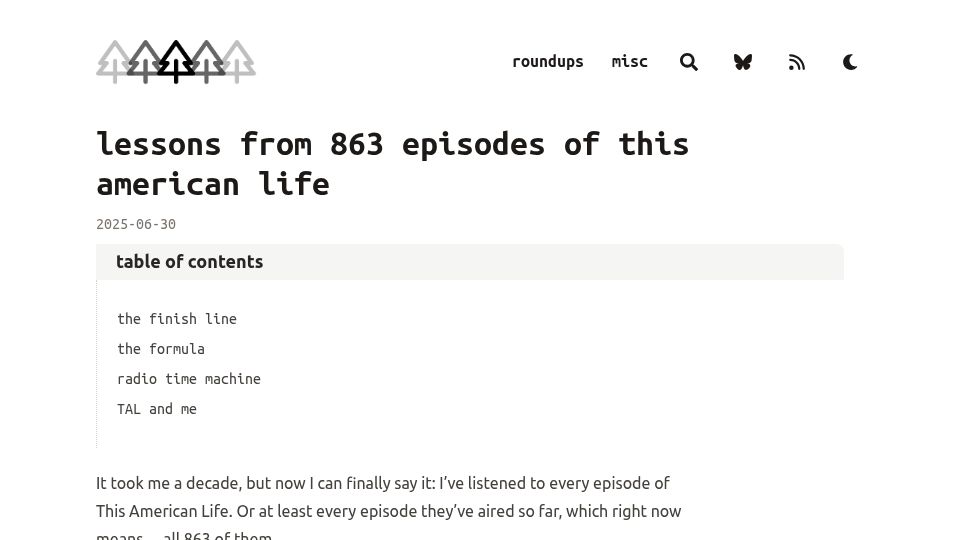 Screenshot of indarktrees.com: Lessons from 863 episodes of This American Life