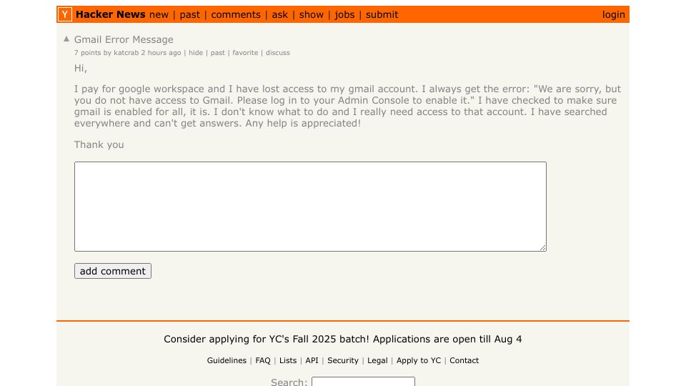Screenshot of Hacker News post: Gmail Error Message