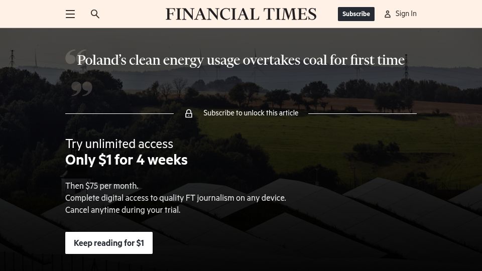 Screenshot of ft.com: Poland's clean energy usage overtakes coal for first time