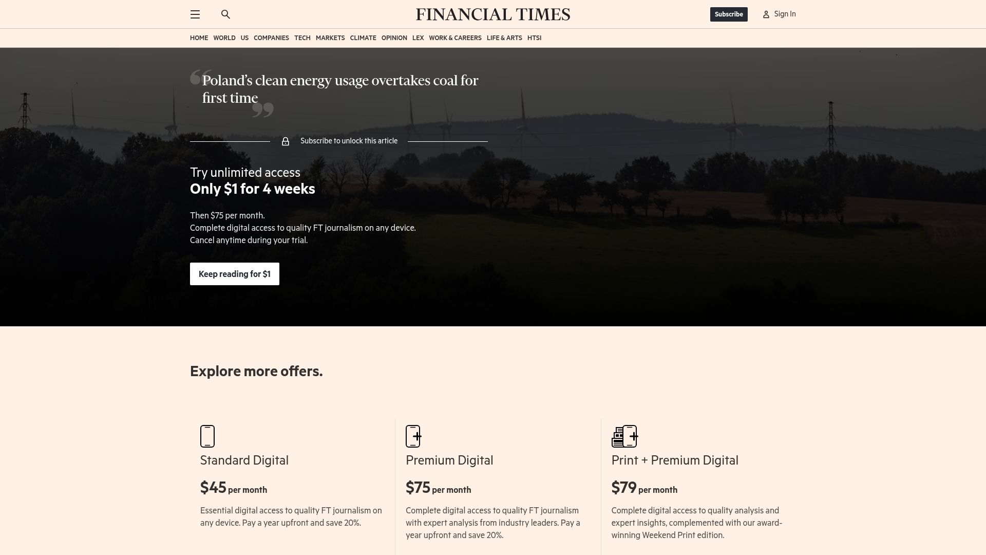 Screenshot of ft.com: Poland's clean energy usage overtakes coal for first time