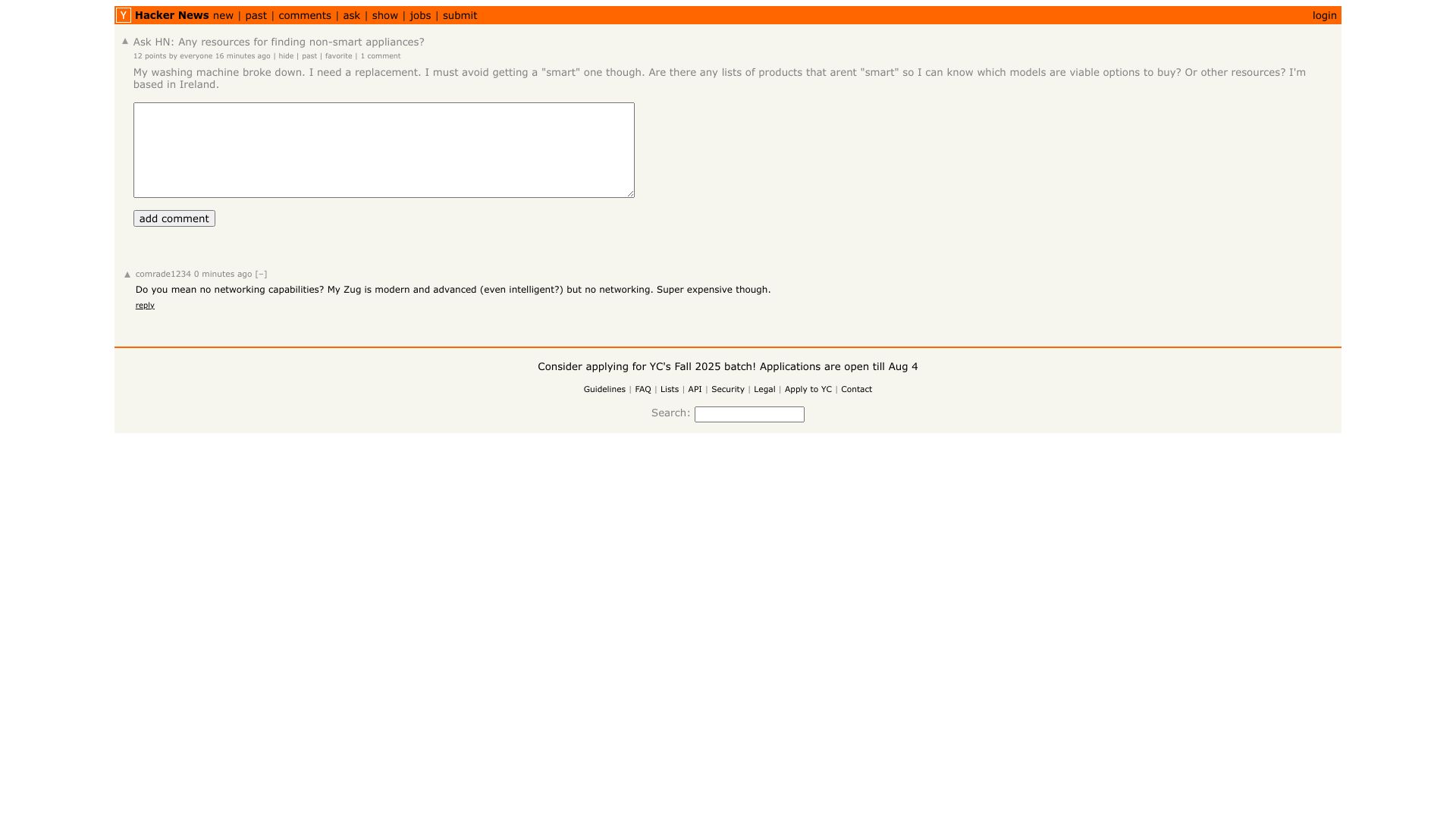 Screenshot of this Hacker News post: Ask HN: Any resources for finding non-smart appliances?