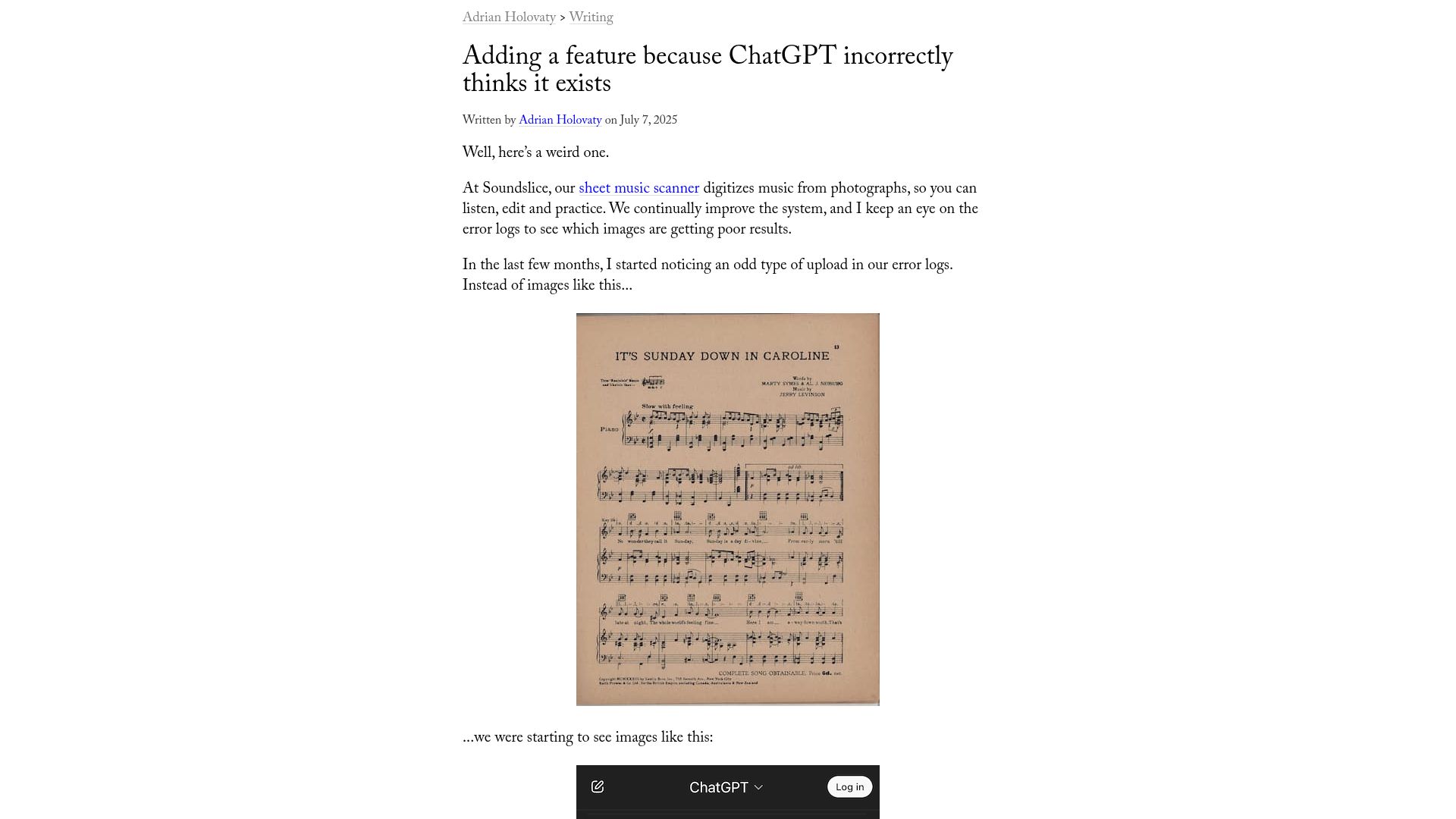 Screenshot of holovaty.com: Adding a feature because ChatGPT incorrectly thinks it exists