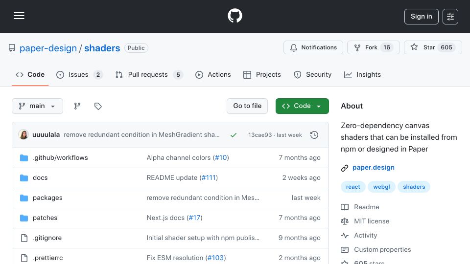 Screenshot of github.com: Paper Shaders: Zero-dependency canvas shaders