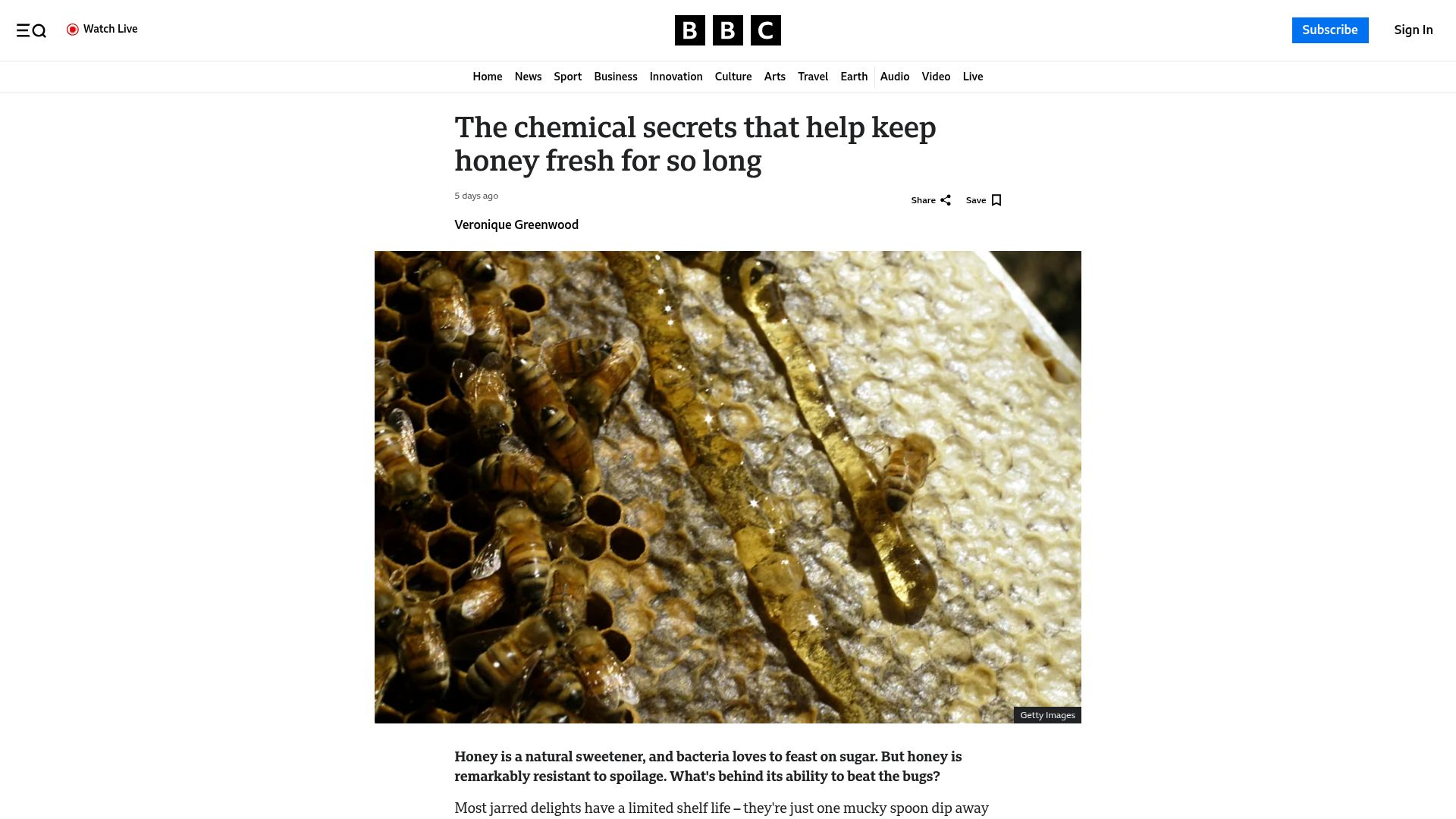 Screenshot of bbc.com: The chemical secrets that help keep honey fresh for so long
